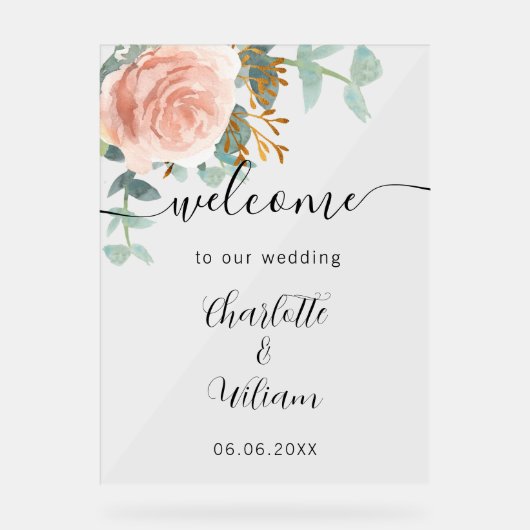 Roos gouden bloemeneucalyptus bruiloft welkom acryl bord (Voorkant)