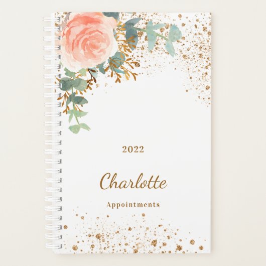 Roos gouden bloemenglitter eucalyptus monogram 202 planner (Voorkant)
