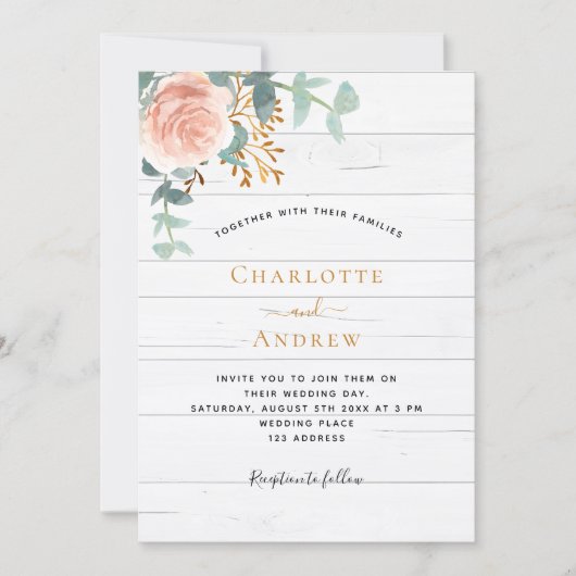 Roos gouden bloemengroen wit houten bruiloft kaart (Voorkant)