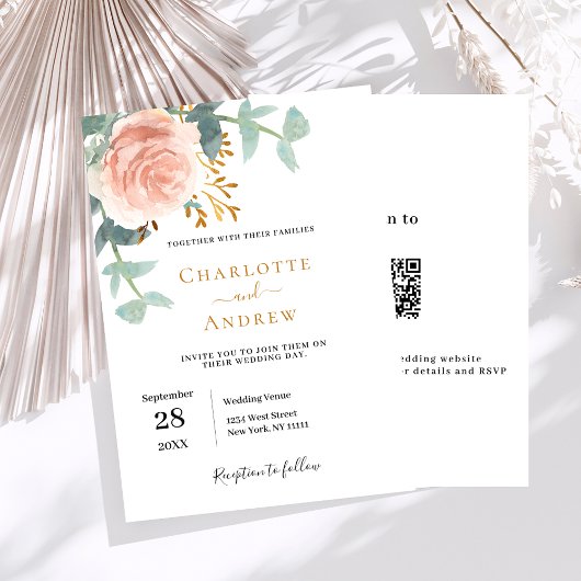 Roos gouden bloemenqr code RSVP luxe bruiloft Kaart