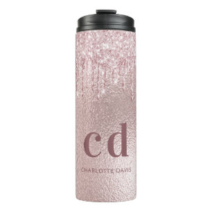 Roos gouden blozen glitter druppelt monogram naam thermosbeker