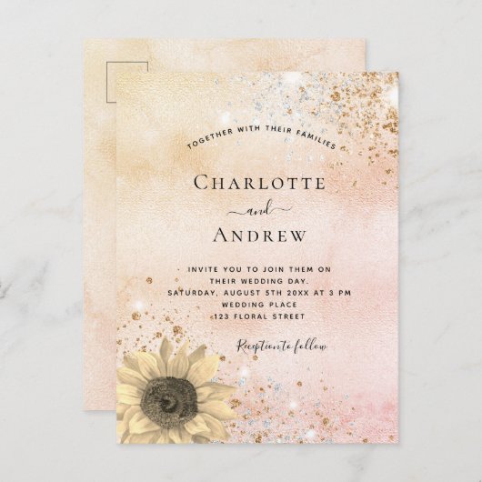 Roos gouden bruinkool en zgn. zonnebloem uitnodiging briefkaart (Voorkant / Achterkant)