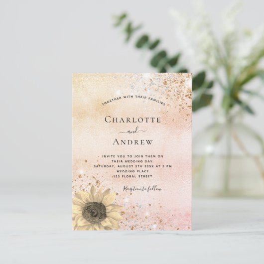 Roos gouden bruinkool en zgn. zonnebloem uitnodiging briefkaart (Staand voorkant)