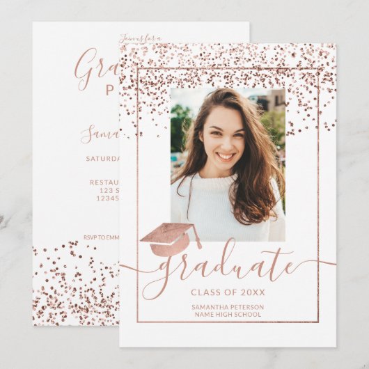Roos gouden confetti afstuderen witte typografie kaart (Voorkant / Achterkant)
