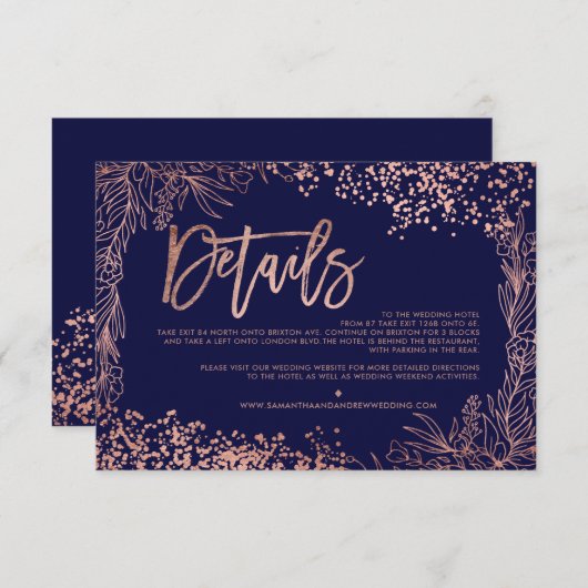 Roos gouden confetti bloemenbruiloft richting informatiekaartje (Voorkant / Achterkant)