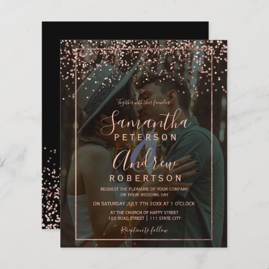 Roos gouden confetti foto zwart budget bruiloft (Voorkant / Achterkant)