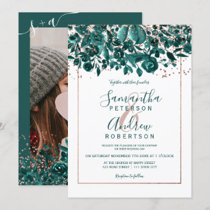 Roos gouden confetti groen chique bloemenfoto brui kaart