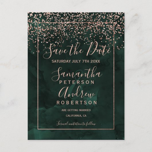 Roos gouden confetti groene script behalve datum aankondigingskaart (Voorkant)