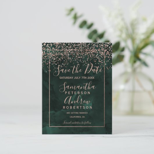 Roos gouden confetti groene script behalve datum aankondigingskaart (Staand voorkant)