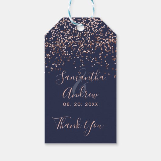 Roos gouden confetti navy blauw script bruiloft gu cadeaulabel (Voorkant)