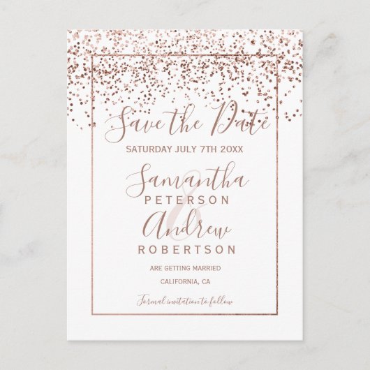 Roos gouden confetti wit script opslaan van de dat aankondigingskaart (Voorkant)