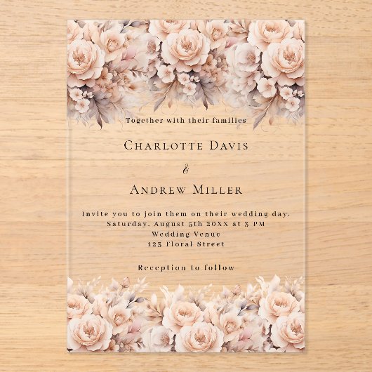 Roos gouden crème bloemen Clear bruiloft Acryl Uitnodigingen (Voorkant)