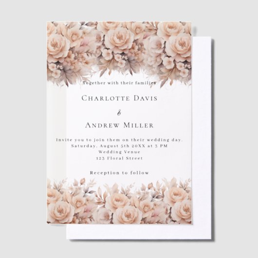 Roos gouden crème bloemen Clear bruiloft Vellum Uitnodigingen (Offset)