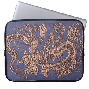 Roos gouden draak op blauw lederen lederen textiel laptop sleeve