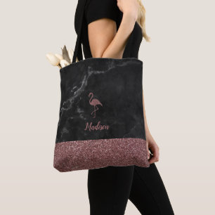 Roos Gouden Faux Glitter Flamingo op Zwart Marmer Draagtas