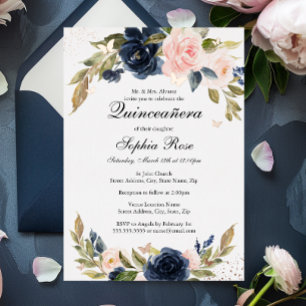 ROOS GOUDEN FOIL Roze Navy Bloemen Quinceanera Folie Uitnodiging