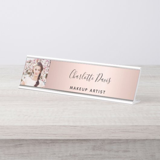 Roos gouden foto modern signature script bureau naambordje (Voorkant)