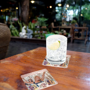 Roos gouden fotocollage verjaardagsfeestje vierkante kartonnen onderzetter