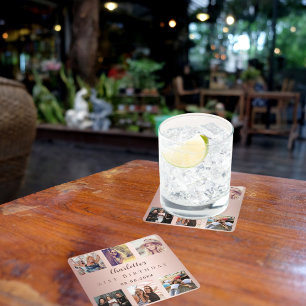 Roos gouden fotocollage verjaardagsfeestje vierkante kartonnen onderzetter