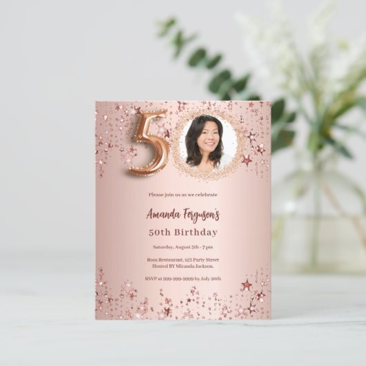 Roos gouden fotosterren 50ste verjaardagsuitnodigi (Staand voorkant)