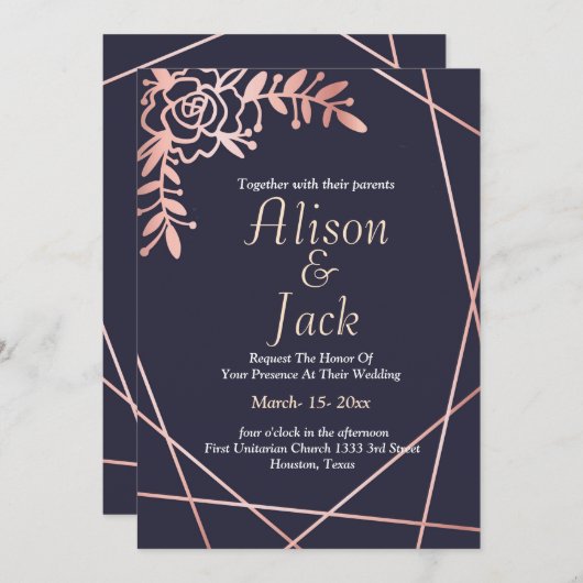 Roos gouden geometrisch lijst marineblauw bruiloft kaart (Voorkant / Achterkant)