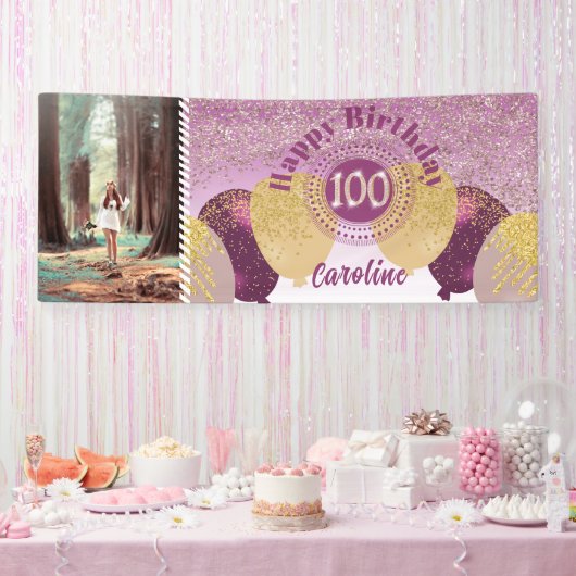 Roos Gouden Glitter 100e Verjaardag & Ballonnen Spandoek (Feest)