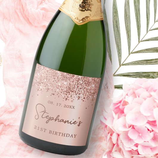 Roos Gouden Glitter 21st Verjaardag Monogram Scrip Sparkling Wijnetiket