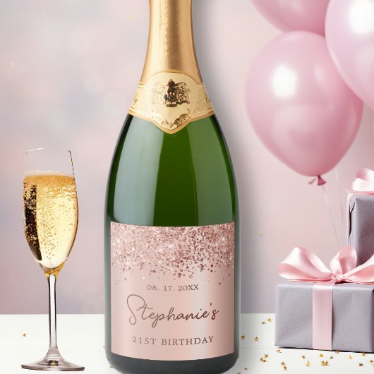 Roos Gouden Glitter 21st Verjaardag Monogram Scrip Sparkling Wijnetiket