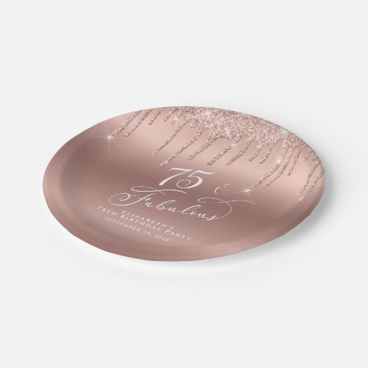 Roos Gouden Glitter 75e Verjaardagsfeestje Papieren Bordje (Gekanteld)