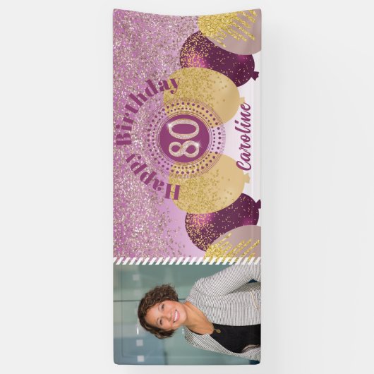 Roos Gouden Glitter 80e Verjaardag & Ballonnen Ban Spandoek (Verticaal)