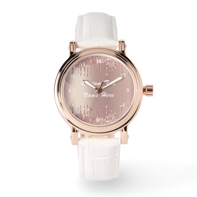 Roos Gouden Glitter Aangepaste Tekst Naam Horloge  (Voorkant)
