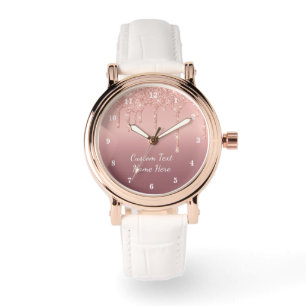 Roos Gouden Glitter Aangepaste Tekst Naam Horloge 
