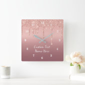 Roos Gouden Glitter Aangepaste Tekst Naam Muur Klo Vierkante Klok (Huis)