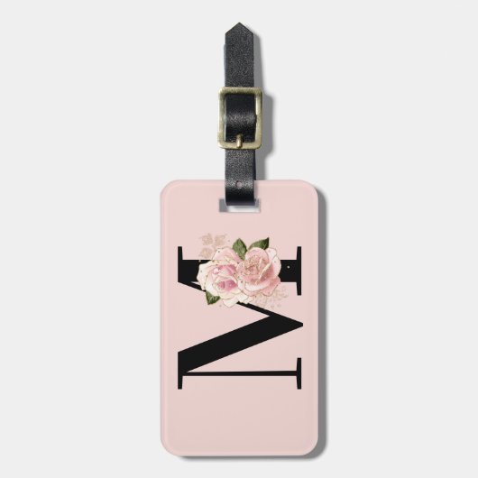 Roos Gouden Glitter Bloemblush en Zwart Monogram Bagagelabel (Voorkant verticaal)