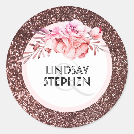 Roos Gouden Glitter Bloemen Blush Bruiloft Ronde Sticker (Voorkant)