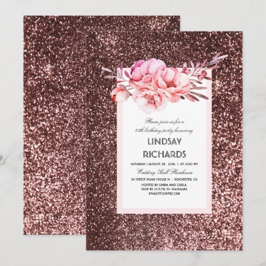 Roos Gouden Glitter  Bloemen Verjaardagsfeest Kaart (Voorkant / Achterkant)