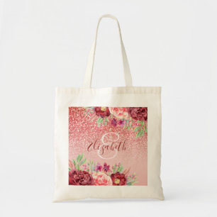 Roos Gouden Glitter Blush Bourgondië Floral Monogr Tote Bag