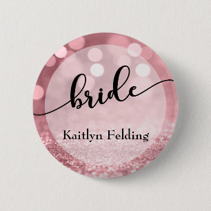 Roos Gouden Glitter Bokeh & Typografie Bruid 1 Ronde Button 5,7 Cm
