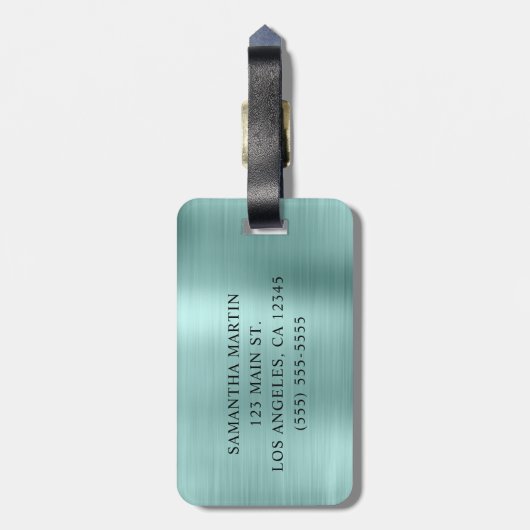 Roos Gouden Glitter Bord Turquoise Fancy Monogram Bagagelabel (Achterkant verticaal)