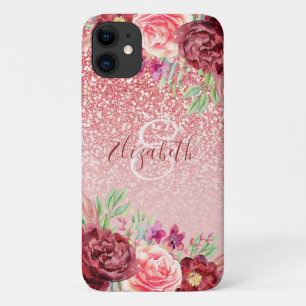 Roos Gouden Glitter Bourgogne Bloemen Gepersonalis iPhone 11 Hoesje