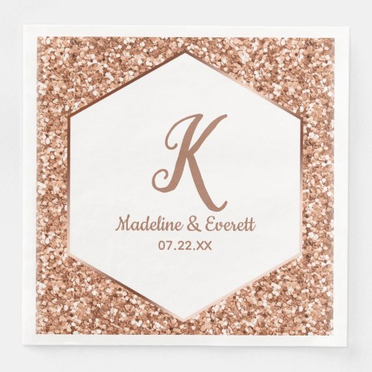 Roos Gouden Glitter Confetti Glam Monogram Bruilof Servet (Voorkant)