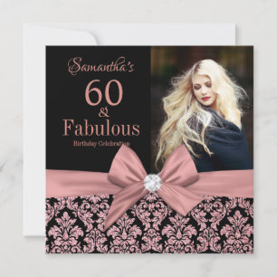Roos gouden glitter damask 60e verjaardag uitnodig kaart