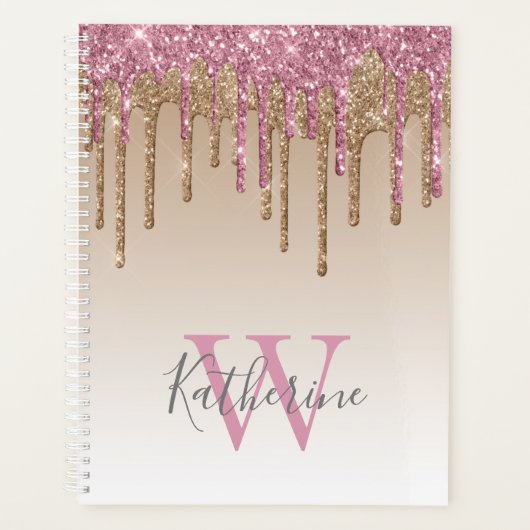 Roos Gouden Glitter Drips Ombre Monogram 2024 Planner (Voorkant)