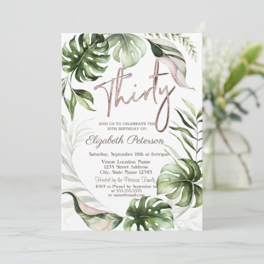 Roos gouden glitter druppels bladeren 30e geboorte kaart (Staand voorkant)