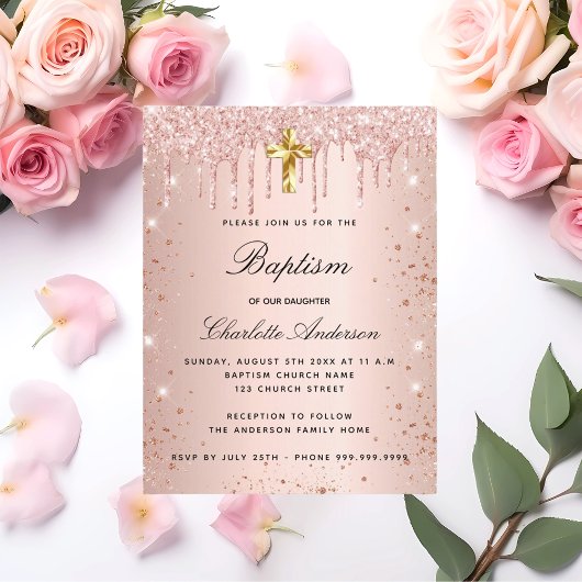 Roos gouden glitter druppels meisje doop uitnodiging briefkaart
