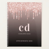 Roos gouden glitter druppels zwart monogram 2024 planner (Voorkant)