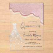 Roos Gouden Glitter Druppelt Diamantjurk Quinceañe Acryl Uitnodigingen (Voorkant)