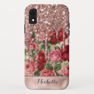 Roos Gouden Glitter Druppelt Roos Bloemen Naam iPhone XR Hoesje
