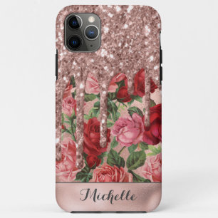 Roos Gouden Glitter Druppelt  Roos Bloemen Naam iPhone 11 Pro Max Hoesje