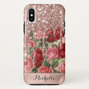 Roos Gouden Glitter Druppelt Roos Bloemen Naam iPhone X Hoesje
